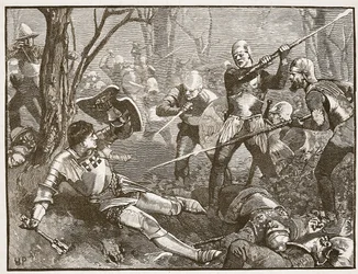 Der Tod des Königsmachers in der Schlacht von Barnet, ca. 1880, Illustration aus Cassells Illustrierter Geschichte Englands